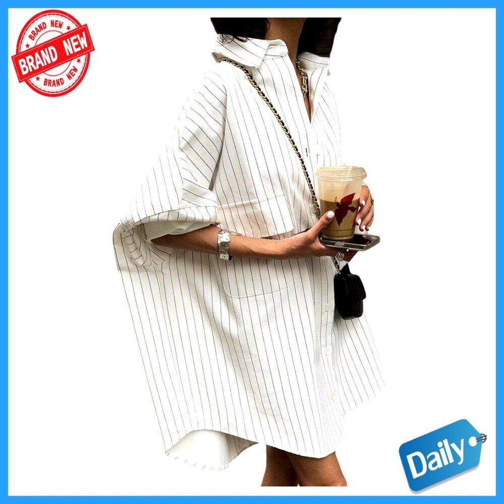 Striped Oversized Button Down Shirt Dress Long Sleeve Collared Tunic with